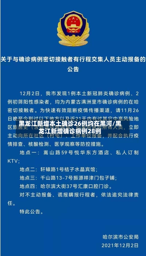黑龙江新增本土确诊26例均在黑河/黑龙江新增确诊病例28例