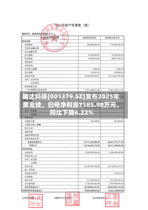 腾达科技(001379.SZ)发布2025年度业绩，归母净利润7185.98万元，同比下降6.22%