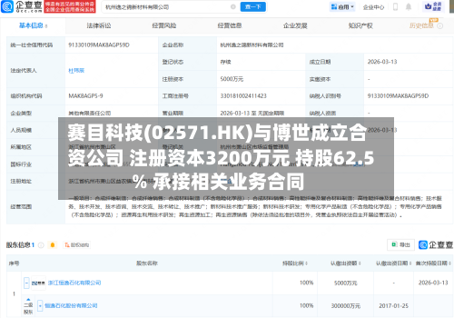 赛目科技(02571.HK)与博世成立合资公司 注册资本3200万元 持股62.5% 承接相关业务合同
